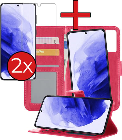 Hoesje - 2 in 1 - Geschikt voor Samsung Galaxy S21 - Met 2x Screenprotector - En Uitneembare Hard Cover - Kunstleer - Bookcase - Wallet Case - Met Pasjeshouder - Book Case - Uitneembaar - Pashouder - Kunstleer - Telefoonhoes - Donkerroze