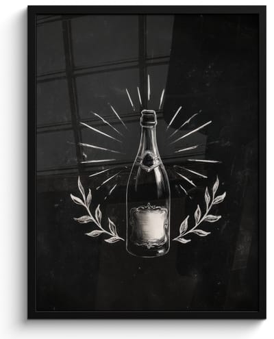 Poster in lijst - Fotolijst 60x80 cm - Posters - Champagnefles - Lauriertakken - Zwarte achtergrond - Posterlijst zwart - Decoratie - Wanddecoratie woonkamer - Muurdecoratie slaapkamer