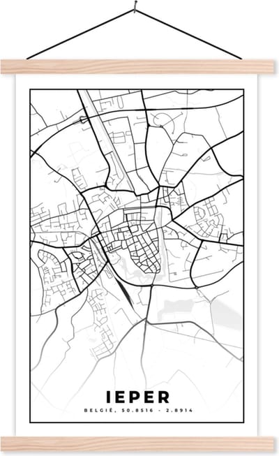 Posterhanger incl. Poster 40x60 cm - Schoolplaat - Stadskaart – Plattegrond – België – Zwart Wit – Ieper – Kaart - Textielposter - Blanke latten - Stadskaart