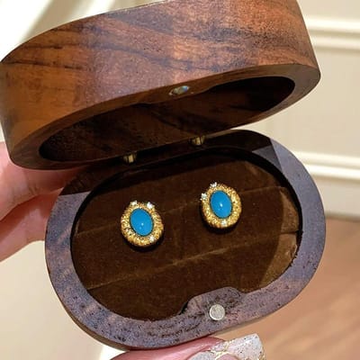 Vintage geborstelde turquoise ketting ringen oorbellen voor dames mode antiek goud ambachten diamant inleg blauw mode sieraden sets