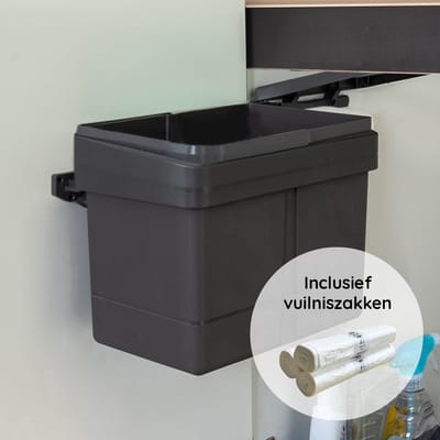 Afvalbak 15 Liter met vuilniszakken – Inbouw Prullenbak – Uittrekbare afvalemmer – Geschikt voor deurbreedte 41 cm, inbouwdiepte 27 cm & Kasthoogte 40 cm – Antraciet