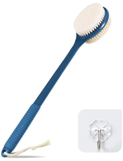 42 cm rugschrobber voor douche met antislip handgreep - exfoliërende badborstel met zachte en stijve haren