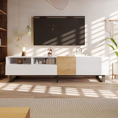 TV-meubel 180 cm Wit & Eiken – Modern TV-kast met Opbergruimte, Schuifladen en Zwarte Metalen Poten