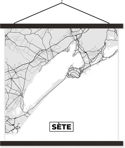 Posterhanger incl. Poster 60x60 cm - Schoolplaat - Sète - Frankrijk - Plattegrond - Kaart - Stadskaart - Textielposter - Zwarte latten - Stadskaart