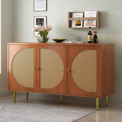 KOMHTOM Sideboard met 3 deuren met rotanversiering, commode/highboard met metalen handgrepen, voor slaapkamers, woonkamers en kantoren, notenhout