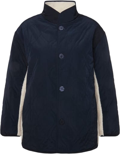 Ulla Popken - Dames - omkeerbare jas doorgestikt/teddy fleece opstaande kraag - Marine - Maat 46+