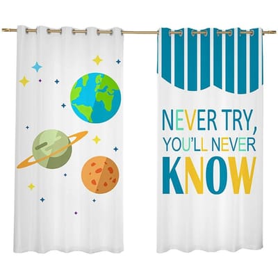 Aangepast Nordic Minimalistisch Ruimte Astronaut Planeet Jongen Kinderkamer Slaapkamer Gordijn Geperforeerd Cartoon Gordijn 2 stuks Gratis Verzending W60H60(CM)x2PCS&Grommet Top blue