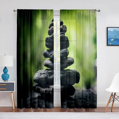 Zen Spa Groene Bamboe Zwarte Steen Bloem Transparante Gordijnen voor Woonkamer Slaapkamer Decoraties Raam Voiles Tule Gordijn Draperieën 1 PCS W100XH250cm&Grommet Top