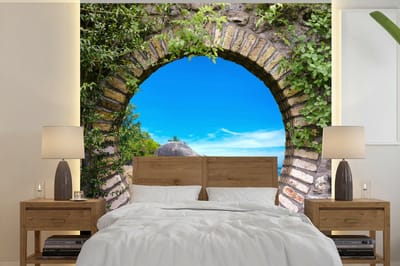 Behang - Fotobehang Zomer - Strand - Doorkijk - Tropical - Breedte 280 cm x hoogte 280 cm