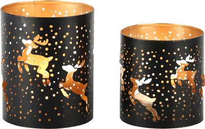 Dekoratief | Set 2 theelichthouders 'Hopping Deer', zwart/goud, metaal, 11x11x13cm | A248457