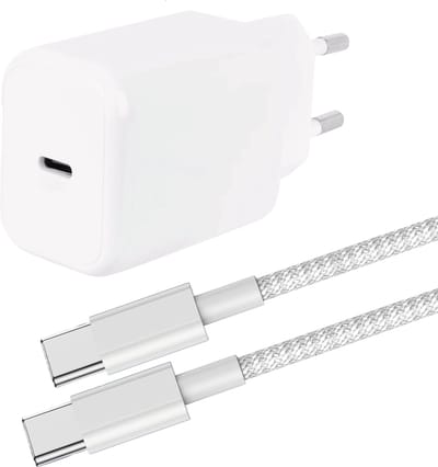 30W USB Adapter + 2 Meter Kabel - Geschikt voor Oplaadkabel iPhone 15, iPhone 16 Series en Samsung Devices - Stekkerblok met USB C Kabel - Snellader - Nylon Gevlochten - Wit