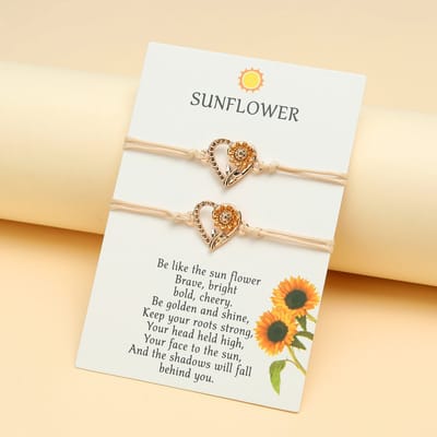 Vriendschapsarmbandjes voor 2 met Zonnebloem Hartje - Beige Bandjes - BFF Armband op Cadeau kaartje - Pax Amare