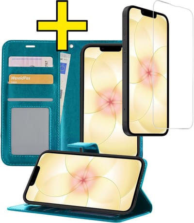 Hoesje - Met Screenprotector - Geschikt voor Apple iPhone 17e - Luxe Pasjeshouder - Bookcase Portemonee - Flip Case - Kunstleer Book Case - Flipcase - Book Cover - Walletcase - Portemonneehoes - Telefoonhoesjes - Turquoise