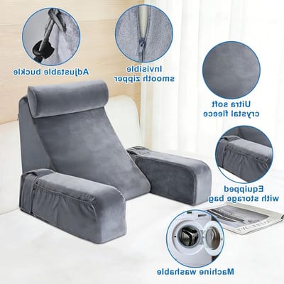 Comfortabel Leeskussen van Geheugenfoam met Neksteun, Verwijderbare Armsteunen en Rugkussen voor Lezen, TV Kijken en Spelletjes Spelen op Bed of Bank (Grijs)