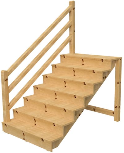 Vrijstaande buitentrap met trapleuning hout Links - palen ronde kop - H 7-treden 122cm B 120cm