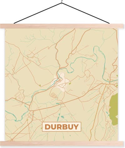 Posterhanger incl. Poster 40x40 cm - Schoolplaat - Vintage - Kaart - Durbuy - Plattegrond - Stadskaart - Textielposter - Blanke latten - Stadskaart