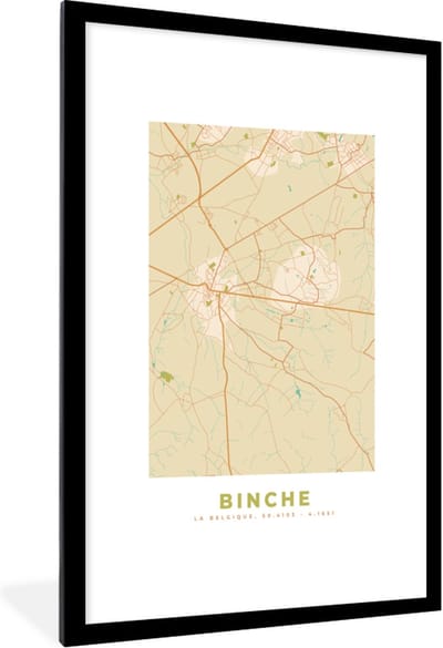 Fotolijst incl. Poster - Plattegrond - Stadskaart - Retro - Binche - Kaart - 80x120 cm - Posterlijst