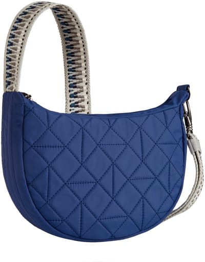 Travelon Boho Anti-Diefstal Crescent Crossbody Tas - Halve Maan Schoudertas met RFID & Geweven Gitaarband - 3L - Blauw