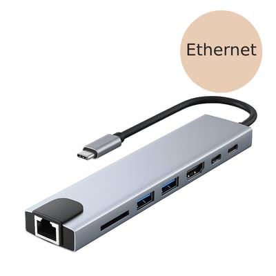 USB C Hub 3.0 - 8 in 1 Hub - 1x Ethernet - 1x HDMI 4K - 2x USB-A - 2x USB-C - 2x kaartlezer - Ethernet Adapter USB-C kabel - Internet Adapter - Netwerk adapter - Docking Station - Micro SD Card Reader - SD Kaart Lezer - Usb Splitter - universeel