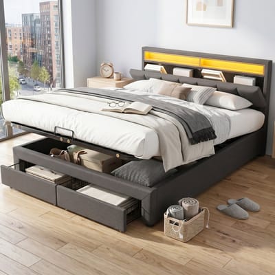 MIVRAY Gestoffeerd Bed 180x200 cm - Tweepersoonsbed Met LED-Verlichting en Opbergruimte - Met Lattenbodem Zonder Matras - Stof - Donkergrijs