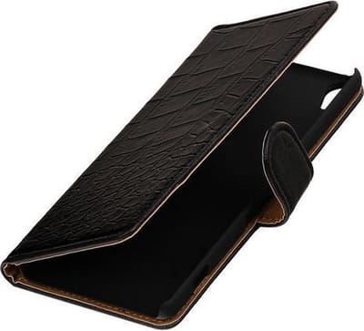 Zwart Krokodil booktype wallet cover - telefoonhoesje - smartphone hoesje - beschermhoes - book case - hoesje voor LG Joy