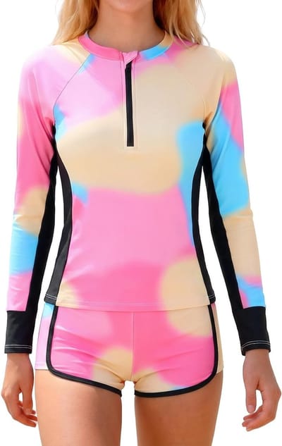 Meisjes 2-delige Set met UV-bescherming, Lange Mouwen Rashguard en Shorts, Tie Dye Zwemoutfit voor 7-13 Jaar