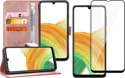 Hoesje geschikt voor Samsung Galaxy A33 - Book Case Kunstleer Wallet Cover Portemonnee Pasjeshouder Hoes Roségoud - Full Tempered Glass Screenprotector