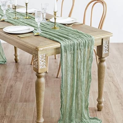 Famanu - Saliegroene tafelloper, 6 stuks, 90 x 300 cm, mesh, boho-tafelloper, wasbaar, decoratie voor bruiloft, verjaardag, feest, babyshower