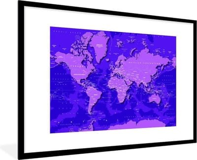 Poster in lijst - Fotolijst 120x80 cm - Posters - Wereldkaart - Stoer - Paars - Posterlijst zwart - Decoratie - Wanddecoratie woonkamer - Muurdecoratie slaapkamer