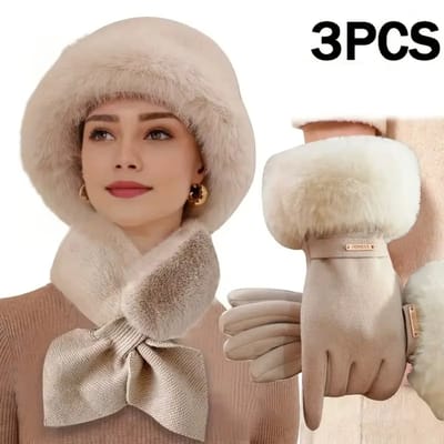 3-delige Winterset Dames – Warme Dikke Muts, Sjaal en Handschoenen Set met Bont | Winddichte Winteraccessoires voor Buitenactiviteiten & Kerstcadeau Vrouwen
