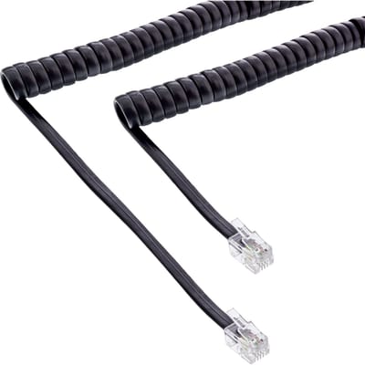 RJ10 telecom crossover spiraalkabel met lang begin- of einddeel | zwart | 2 meter