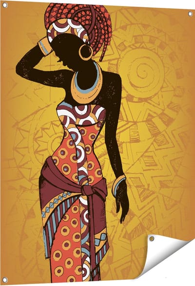 Gards Tuinposter Getekende Afrikaanse Vrouw - Abstract - 80x100 cm - Tuindoek - Tuindecoratie - Wanddecoratie buiten - Tuinschilderij