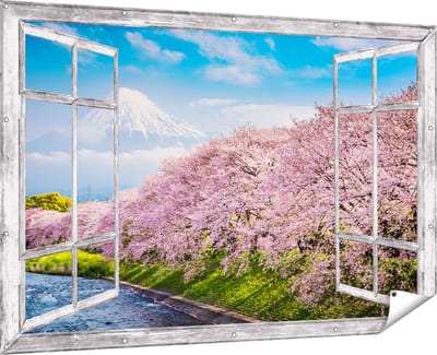Gards Tuinposter Doorkijk Roze Bloesembomen bij de Fuji Berg - 180x120 cm - Tuindoek - Tuindecoratie - Wanddecoratie buiten - Tuinschilderij