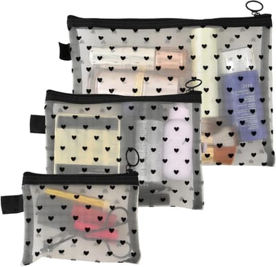 Set van 3 kleine make-up tassen voor vrouwen - Draagbare toilettas met rits in grijs en wit, ideaal voor reizen en organisatie van cosmetica