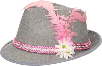 Boland tiroler hoedje - met veer en bloem - Grijs/roze - voor dames - Oktoberfest / bierfeest feesthoeden - Alpenhoedje/jagershoedje