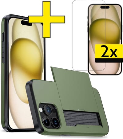 Hoesje Geschikt voor iPhone 15 Pro Hoesje Case Pashouder Hard Cover Met 2x Screenprotector - Hoes Geschikt voor iPhone 15 Pro Hoesje Met Kaarthouder - Donkergroen