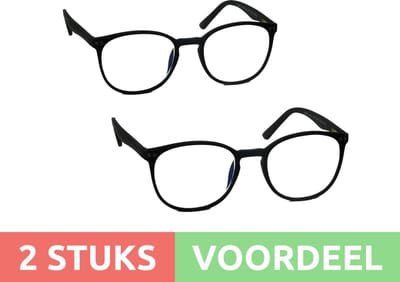 Computer bril - zwart rond sterkte +1.0 - 2 stuks - blauw licht filter - blue blocker leesbril