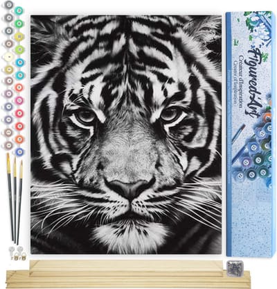 Figured'Art Schilderen op Nummer Volwassenen canvas Tijgerkop zwart-wit - Handwerk acrylverf Kit DIY Compleet - 40x50cm met DIY houten lijst