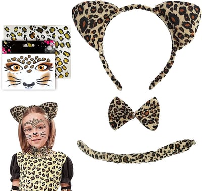 Leopard Kostuum Set voor Kinderen en Volwassenen - Oren, Staart, Strik en Gezichtsstickers voor Carnaval en Halloween