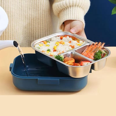 Thermische Lunchdoos van RVS met Lepel, Eetstokjes en Soepkom - Dubbele Laag, 3 Compartimenten, Ideaal voor Voedselopslag en Maaltijdvoorbereiding voor Kinderen