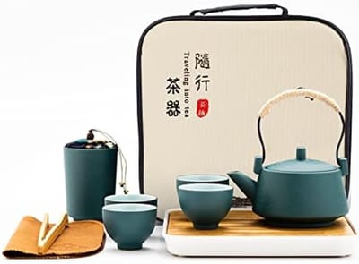 PromoHome Draagbare Theeset met Bamboe Dienblad - Keramisch Servies