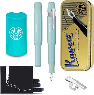Kaweco - Cadeauset - (5delig) - Vulpen Sport Skyline Mint Fountain Pen - Fine - Oktogonal Clip Chrome -  Patronen houder TURKOISE - Vullingen