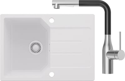 Anycee MAX Spoelbak Keuken 65x45CM - Granieten Spoelbakken Met Keuken Kraan - Onderbouw Spoelbak Wit - Met waterafvoersysteem - Voor 40 cm kast