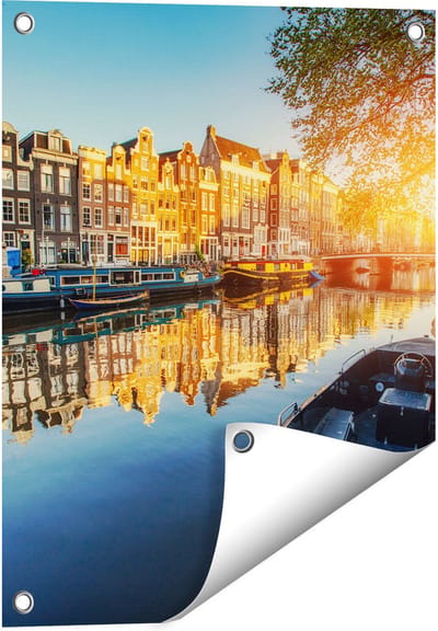 Gards Tuinposter Amsterdamse Gracht bij Zonsondergang - 40x50 cm - Tuindoek - Tuindecoratie - Wanddecoratie buiten - Tuinschilderij