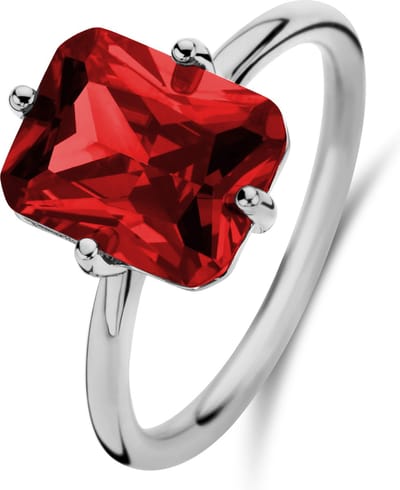 New Bling 9NB-1136-50 Zilveren Ring met Zirkonia Steen - Rood - 8x10mm - Rechthoek - Maat 50 - Rhodium - Zilver