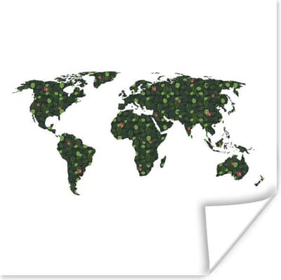 Poster 30x30 cm - Wereldkaart - Bloemen - Bladeren - Posters - Kamer decoratie - Wanddecoratie woonkamer - Muurdecoratie slaapkamer