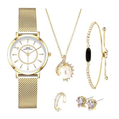 Boerni Aibisino Modieus Gouden Horloge, Ring , Armband, oorbellen en Ketting Goud luxe geschenk set luxe geschenk set | Crystal glass | Premium kwaliteit uurwerk Quartz Japan | Mineraal | Geschenk | Fashion | Elegant | Dames | Vrouw | Black Friday