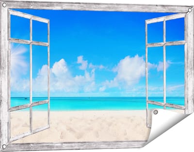 Gards Tuinposter Doorkijk Strand en Zee met Helder Witte Zand - 90x60 cm - Tuindoek - Tuindecoratie - Wanddecoratie buiten - Tuinschilderij