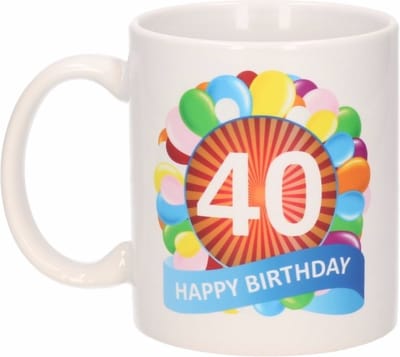 40 jaar Verjaardag koffiemok - cadeau beker - feestelijke ballonnen print - 300 ml - keramiek - wit