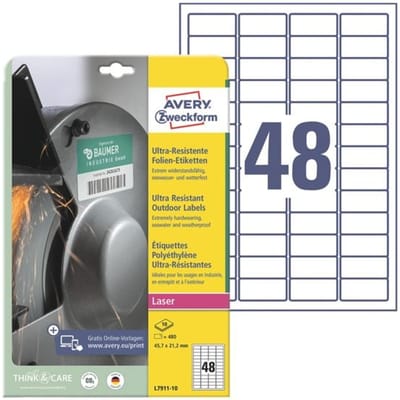 Avery-Zweckform L7911-10 Folie-etiketten 45.7 x 21.1 mm Polyethyleen folie Wit 480 stuk(s) Permanent hechtend Laser (kleur), Laser (zwart/wit),